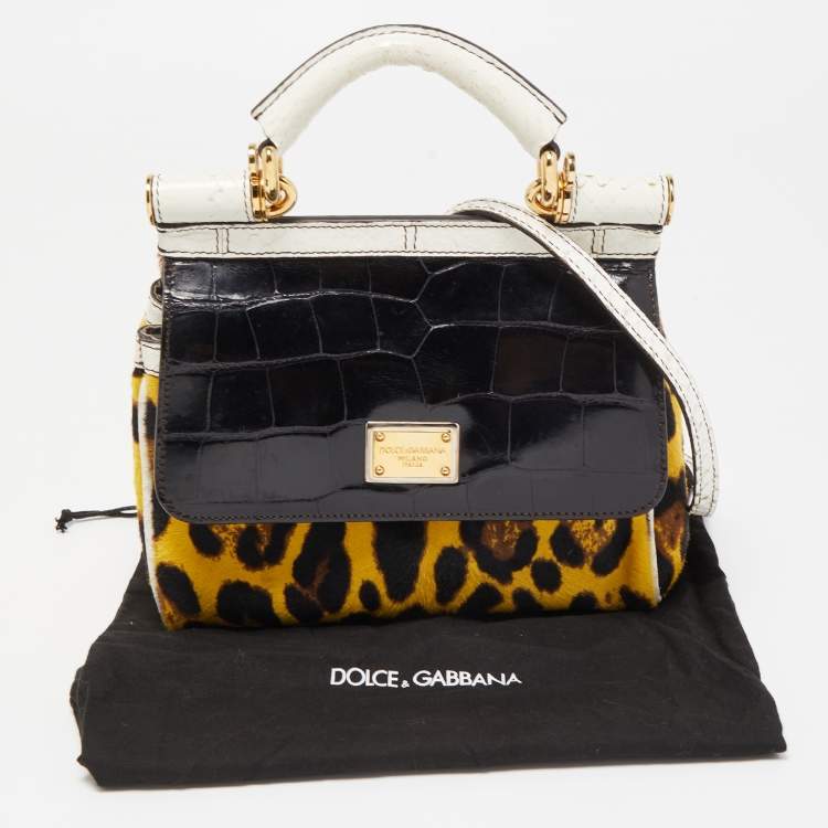 Pre Owned Dolce & Gabbana Multicolor Leopard Calfhair, Croc and Python Limited Edition Small Miss Sicily Top Handle Bag