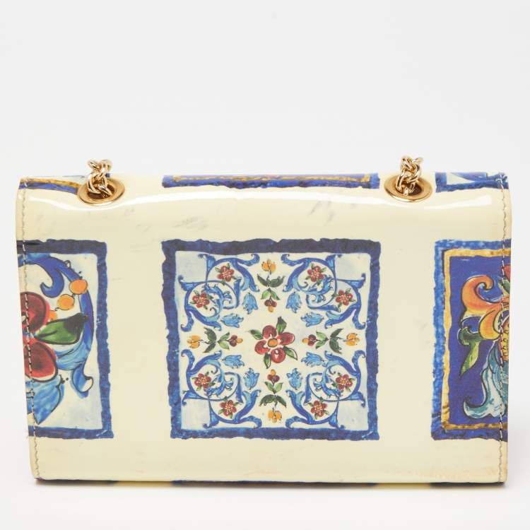 Pre Owned Dolce & Gabbana Cream/Multicolor Printed Trifold Wallet On Chain