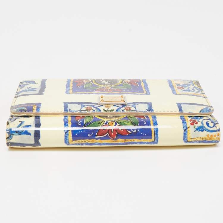 Pre Owned Dolce & Gabbana Cream/Multicolor Printed Trifold Wallet On Chain