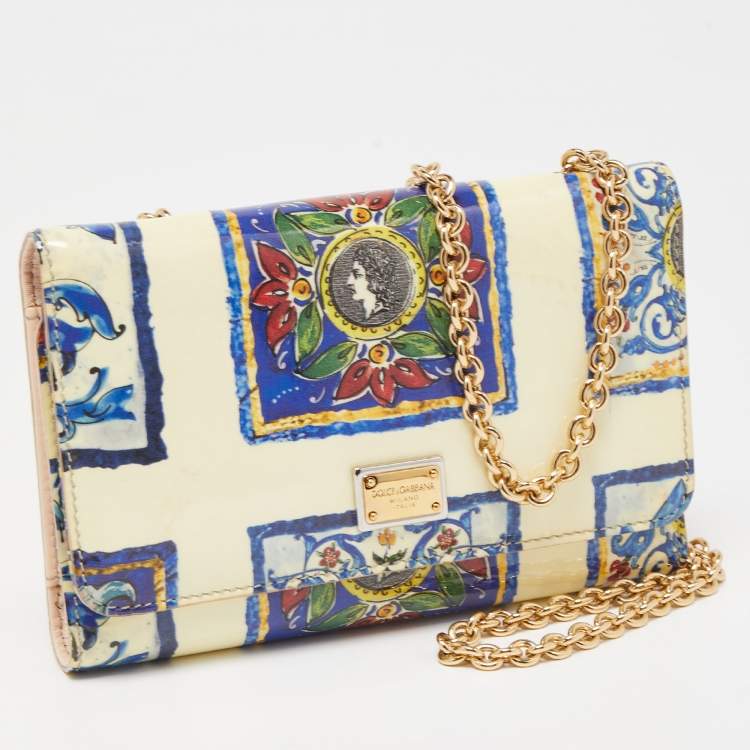 Pre Owned Dolce & Gabbana Cream/Multicolor Printed Trifold Wallet On Chain