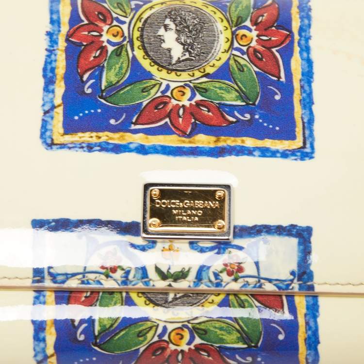 Pre Owned Dolce & Gabbana Cream/Multicolor Printed Trifold Wallet On Chain