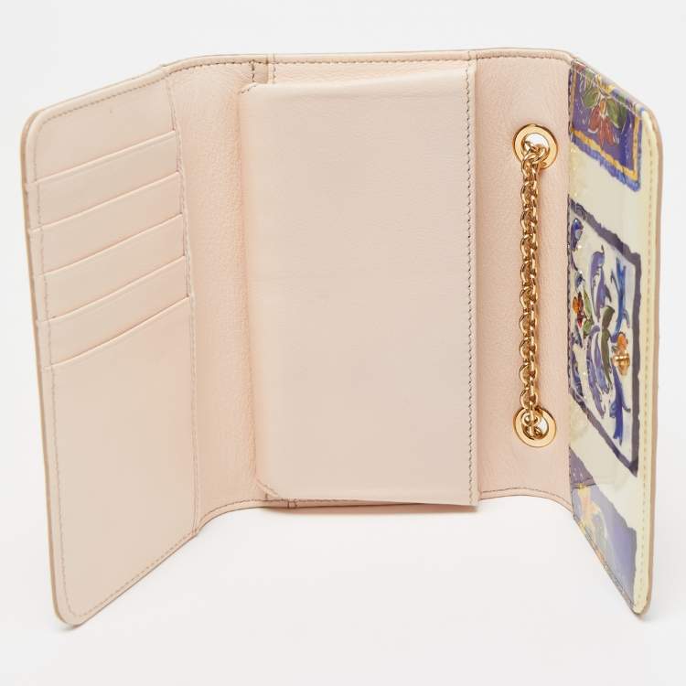Pre Owned Dolce & Gabbana Cream/Multicolor Printed Trifold Wallet On Chain
