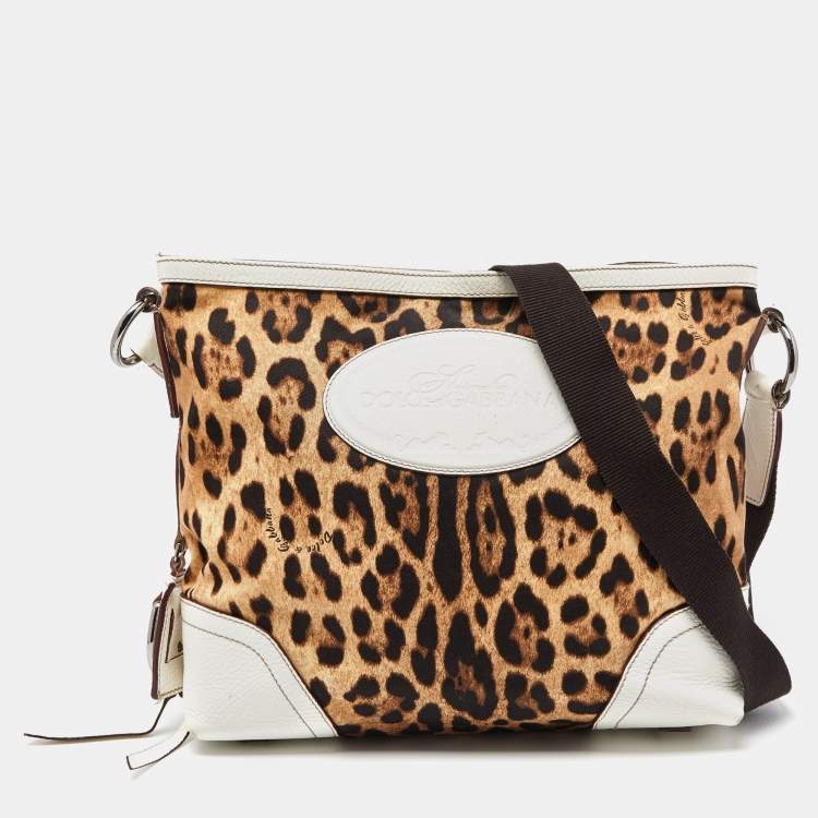 Pre Owned Dolce & Gabbana Brown/White Leopard Print Canvas and Leather Messenger Bag