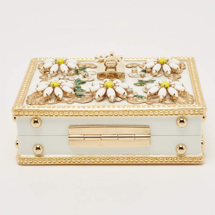 Pre Owned Dolce & Gabbana White Acrylic Crystal Embellished Box Locket Clutch Bag
