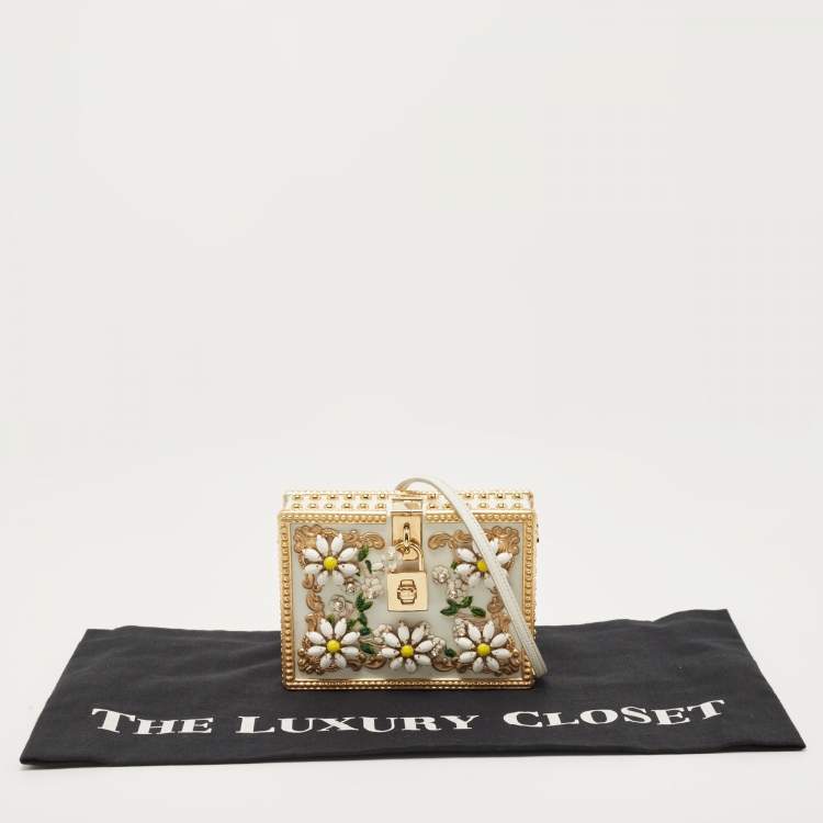 Pre Owned Dolce & Gabbana White Acrylic Crystal Embellished Box Locket Clutch Bag