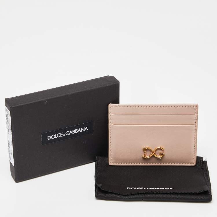Pre Owned Dolce & Gabbana Beige Leather DG Crystal Logo Card Holder
