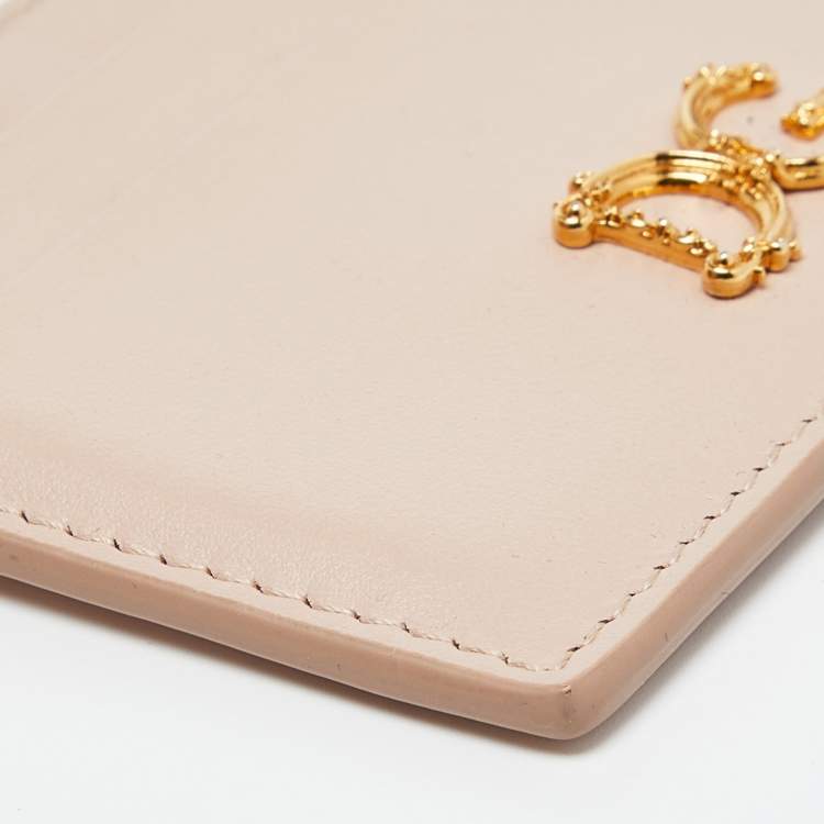 Pre Owned Dolce & Gabbana Beige Leather DG Crystal Logo Card Holder