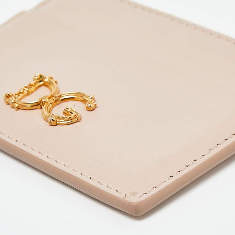 Pre Owned Dolce & Gabbana Beige Leather DG Crystal Logo Card Holder