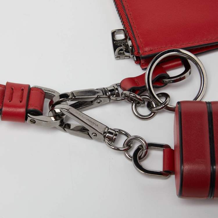 Pre Owned Dolce & Gabbana Key Red Leather Earphone Cover w/ Zip Card Holder