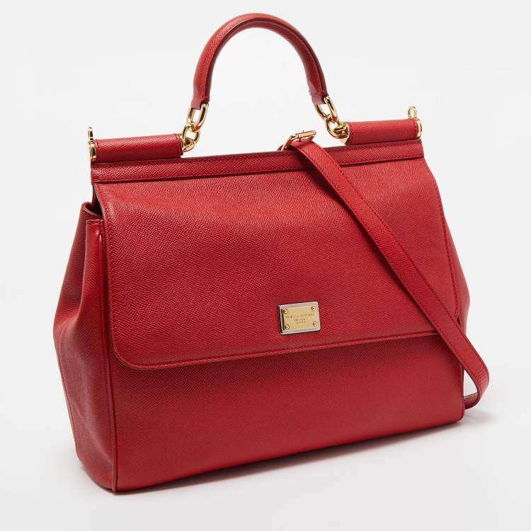 Pre Owned Dolce & Gabbana Red Leather Large Miss Sicily Top Handle Bag