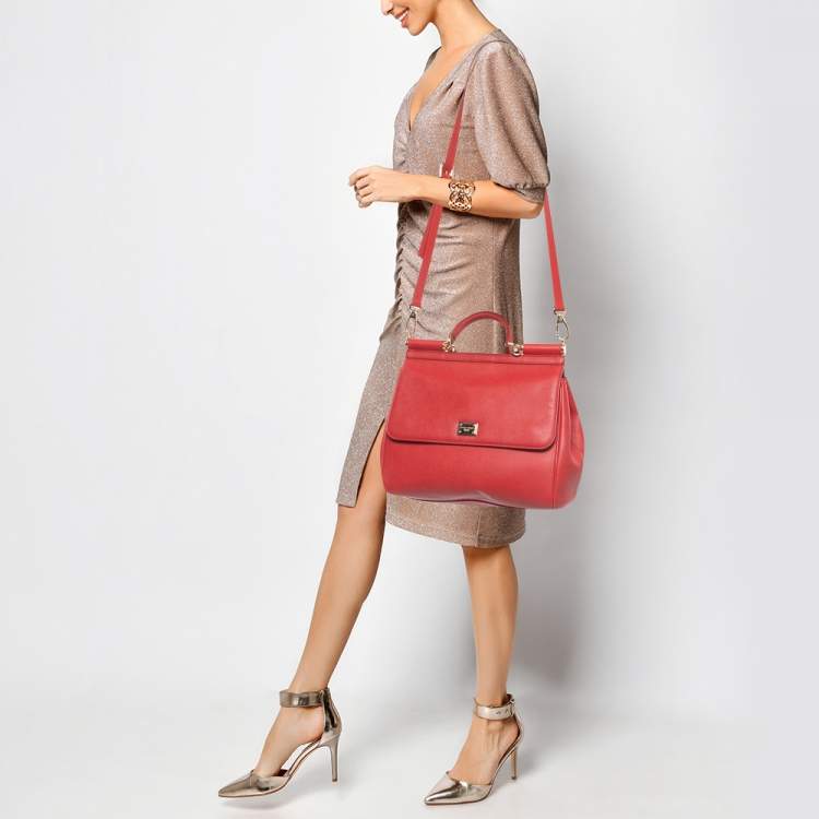 Pre Owned Dolce & Gabbana Red Leather Large Miss Sicily Top Handle Bag
