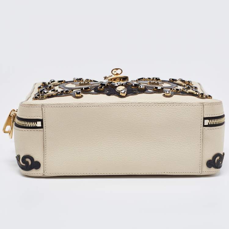 Pre Owned Dolce & Gabbana Cream/Black Embellished Leather Treasure Box Bag