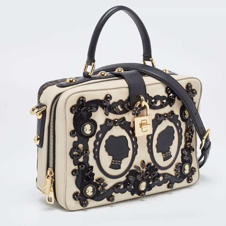 Pre Owned Dolce & Gabbana Cream/Black Embellished Leather Treasure Box Bag