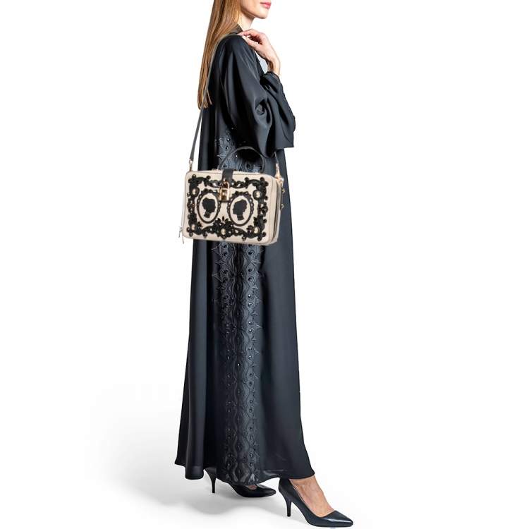 Pre Owned Dolce & Gabbana Cream/Black Embellished Leather Treasure Box Bag