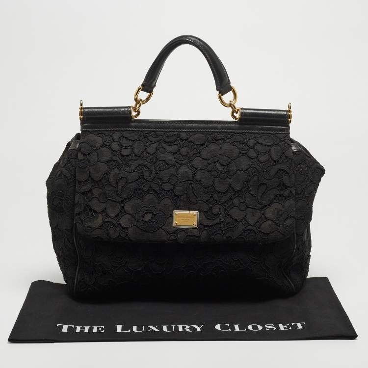Pre Owned Dolce & Gabbana Black Crochet and Leather Large Miss Sicily Top Handle Bag