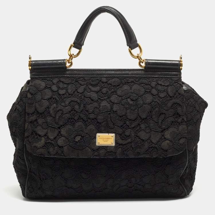 Pre Owned Dolce & Gabbana Black Crochet and Leather Large Miss Sicily Top Handle Bag