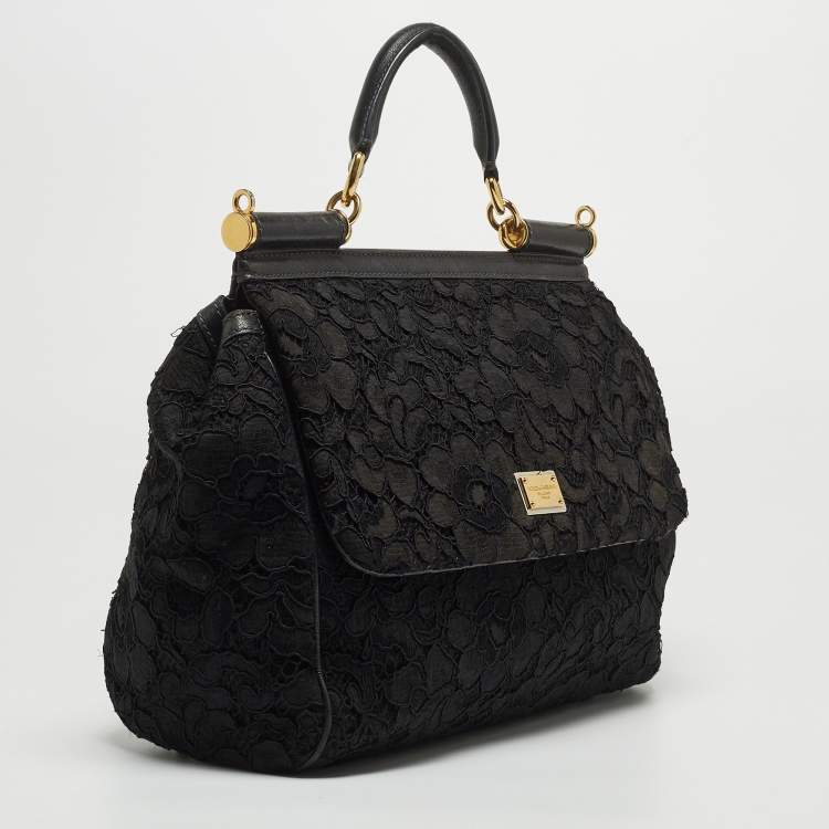 Pre Owned Dolce & Gabbana Black Crochet and Leather Large Miss Sicily Top Handle Bag