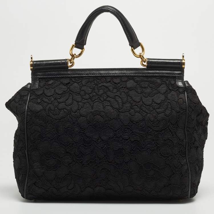 Pre Owned Dolce & Gabbana Black Crochet and Leather Large Miss Sicily Top Handle Bag
