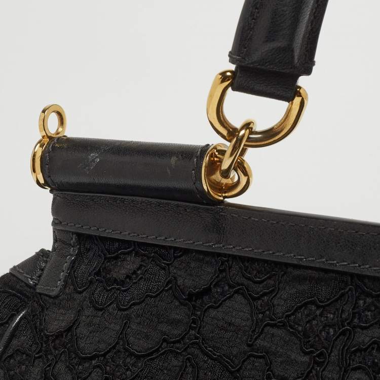 Pre Owned Dolce & Gabbana Black Crochet and Leather Large Miss Sicily Top Handle Bag