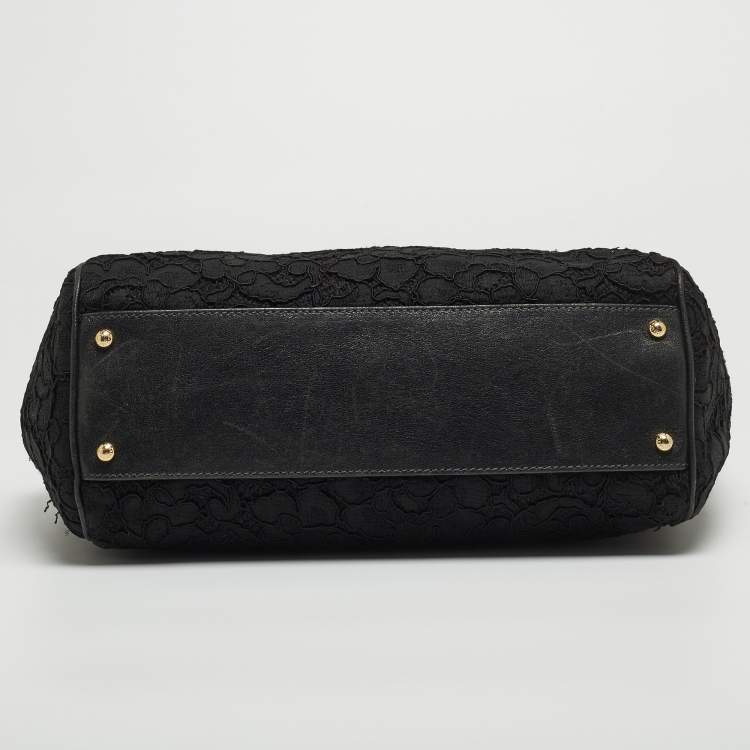 Pre Owned Dolce & Gabbana Black Crochet and Leather Large Miss Sicily Top Handle Bag