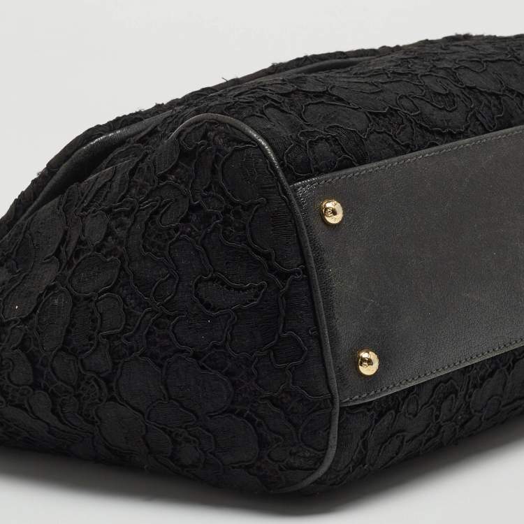 Pre Owned Dolce & Gabbana Black Crochet and Leather Large Miss Sicily Top Handle Bag