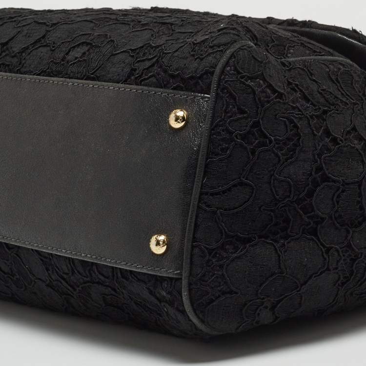 Pre Owned Dolce & Gabbana Black Crochet and Leather Large Miss Sicily Top Handle Bag