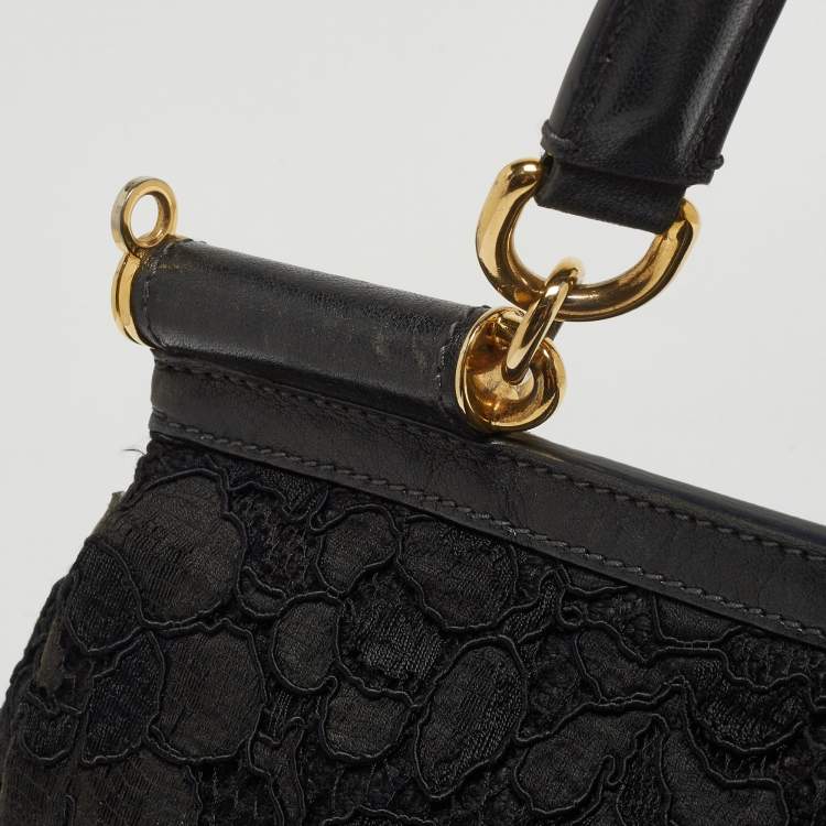 Pre Owned Dolce & Gabbana Black Crochet and Leather Large Miss Sicily Top Handle Bag