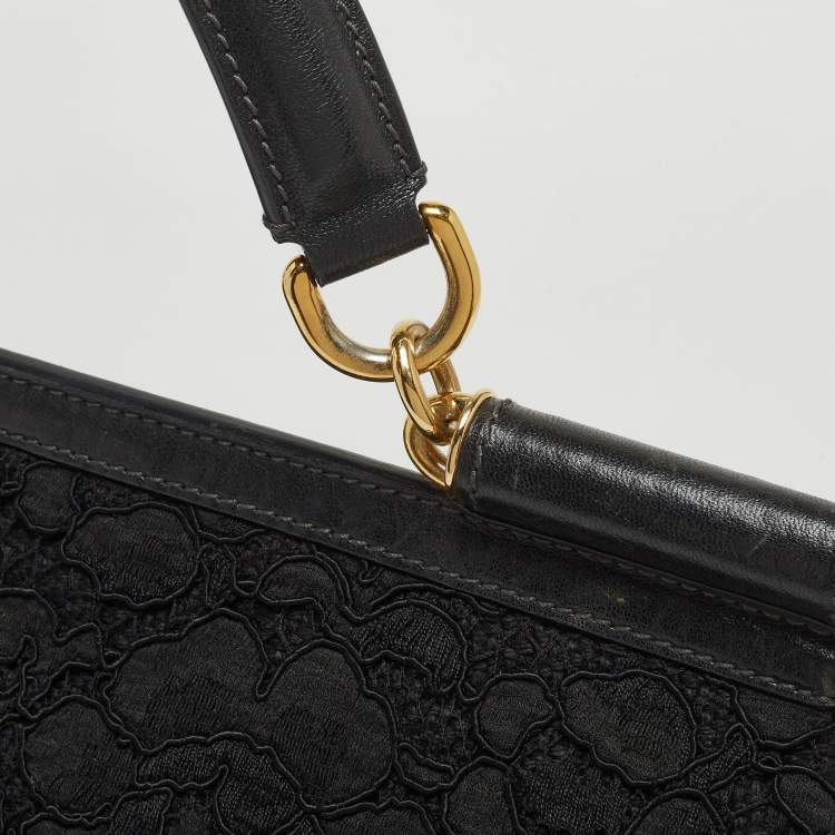 Pre Owned Dolce & Gabbana Black Crochet and Leather Large Miss Sicily Top Handle Bag