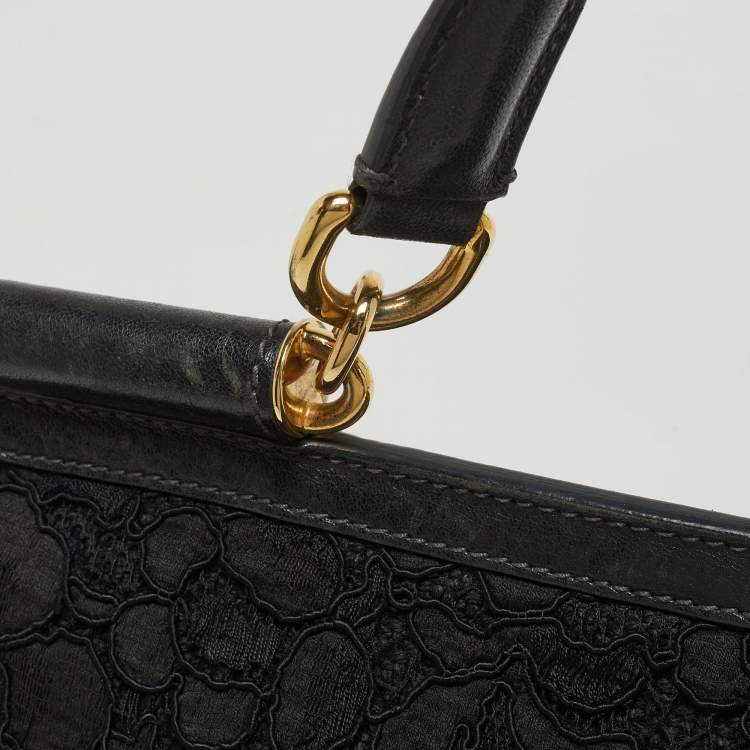Pre Owned Dolce & Gabbana Black Crochet and Leather Large Miss Sicily Top Handle Bag