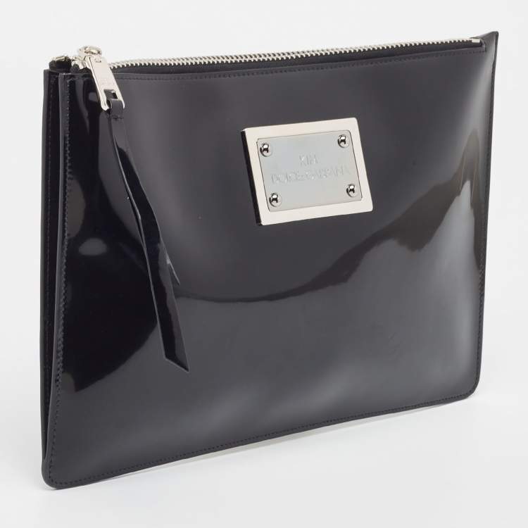 Pre Owned Dolce & Gabbana x Kim Kardashian Black Patent Leather Zip Slim Clutch