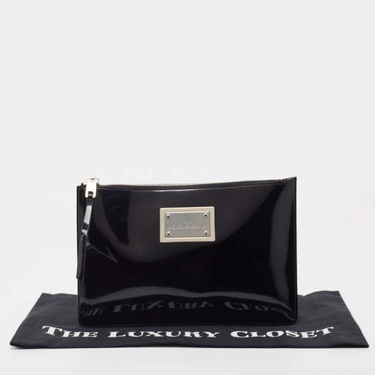 Pre Owned Dolce & Gabbana x Kim Kardashian Black Patent Leather Zip Slim Clutch
