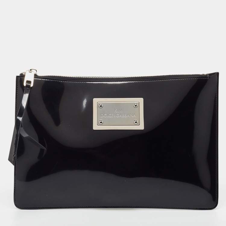 Pre Owned Dolce & Gabbana x Kim Kardashian Black Patent Leather Zip Slim Clutch