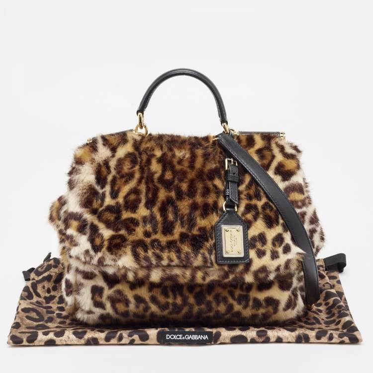 مملوكة مسبقًا Dolce & Gabbana Beige/Black Leopard Print Faux Fur and Leather Medium Miss Sicily Top Handle Bag