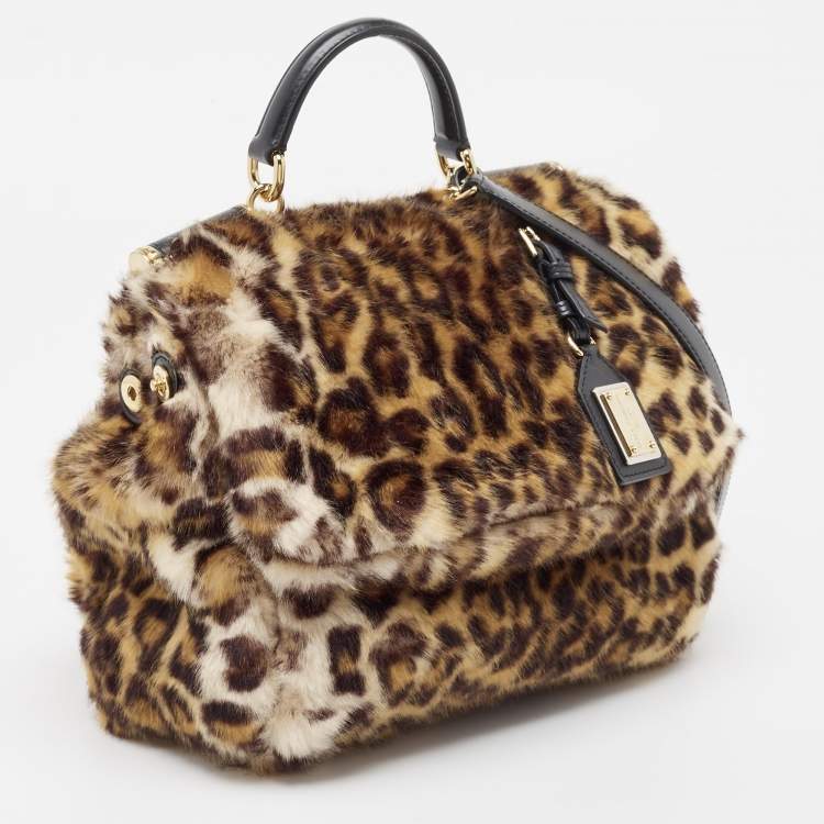 مملوكة مسبقًا Dolce & Gabbana Beige/Black Leopard Print Faux Fur and Leather Medium Miss Sicily Top Handle Bag