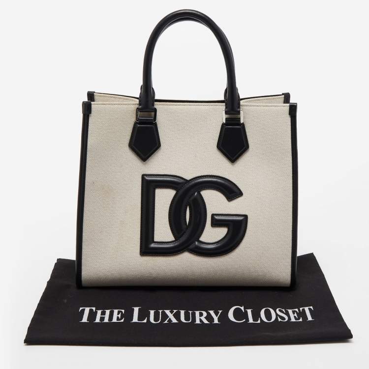 Pre Owned Dolce & Gabbana Off-White/Black Canvas And Leather DG Logo Shopper Tote