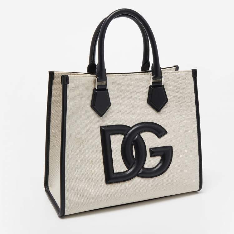 Pre Owned Dolce & Gabbana Off-White/Black Canvas And Leather DG Logo Shopper Tote