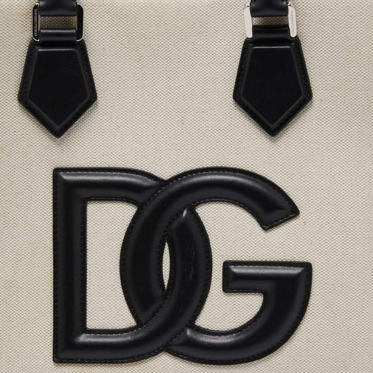 Pre Owned Dolce & Gabbana Off-White/Black Canvas And Leather DG Logo Shopper Tote