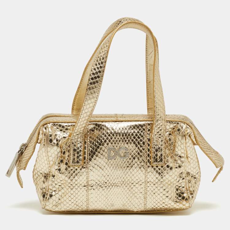 Pre Owned Dolce & Gabbana Gold Watersnake Leather Baguette Bag