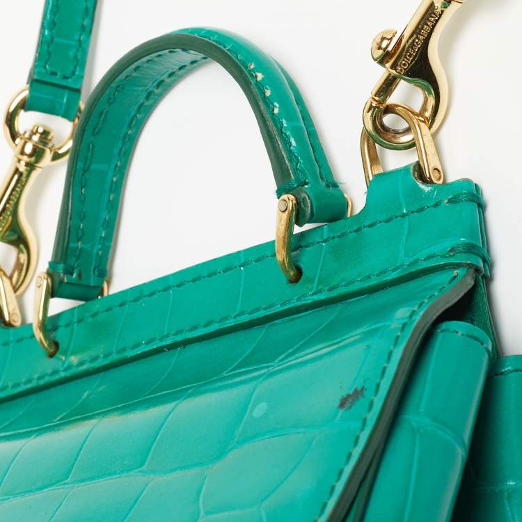 Pre Owned Dolce & Gabbana Green Croc Embossed Leather Mini Miss Sicily Top Handle Bag