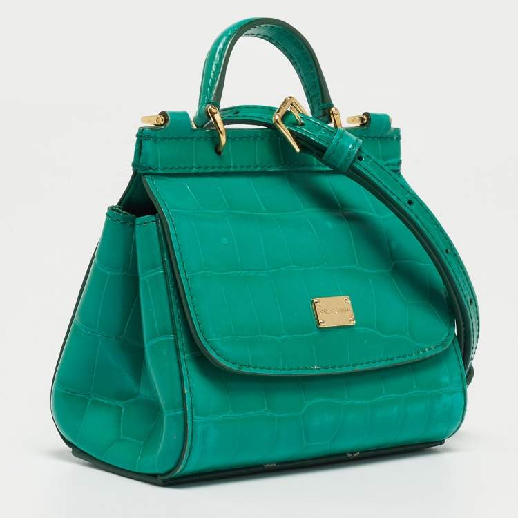 Pre Owned Dolce & Gabbana Green Croc Embossed Leather Mini Miss Sicily Top Handle Bag