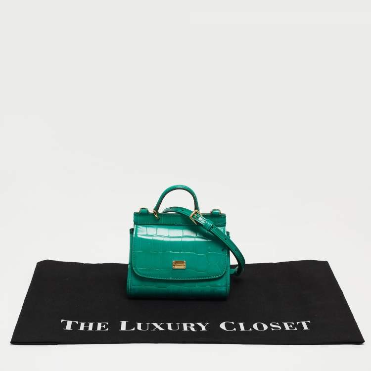 Pre Owned Dolce & Gabbana Green Croc Embossed Leather Mini Miss Sicily Top Handle Bag