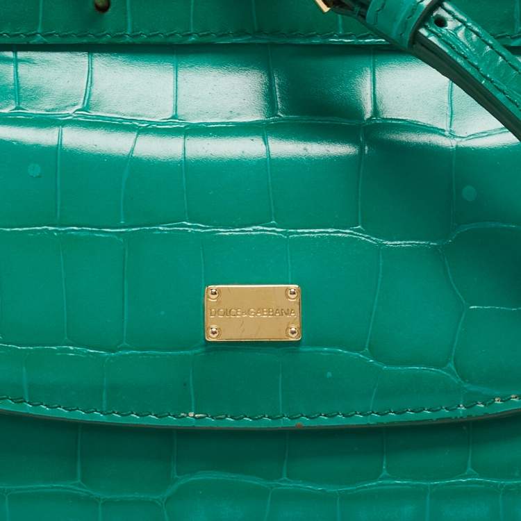 Pre Owned Dolce & Gabbana Green Croc Embossed Leather Mini Miss Sicily Top Handle Bag