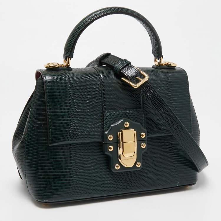 Pre Owned Dolce & Gabbana Dark Green Lizard Embossed Leather Medium Lucia Top Handle Bag