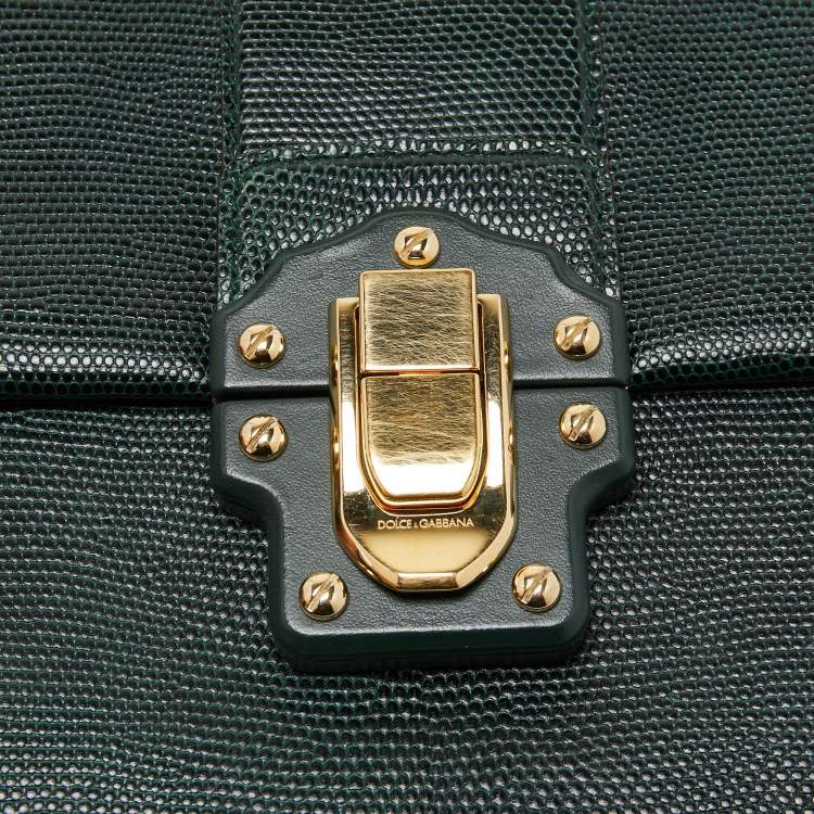 Pre Owned Dolce & Gabbana Dark Green Lizard Embossed Leather Medium Lucia Top Handle Bag