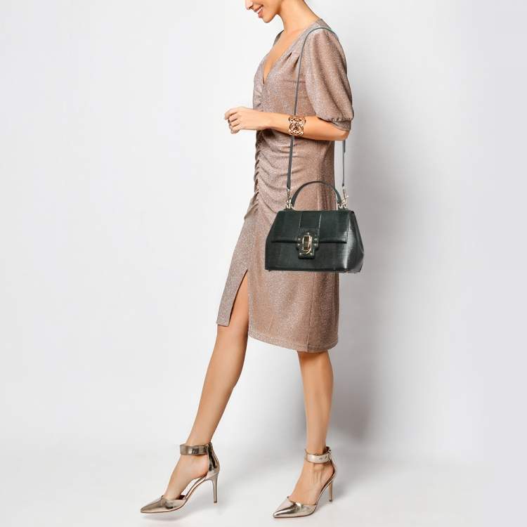 Pre Owned Dolce & Gabbana Dark Green Lizard Embossed Leather Medium Lucia Top Handle Bag