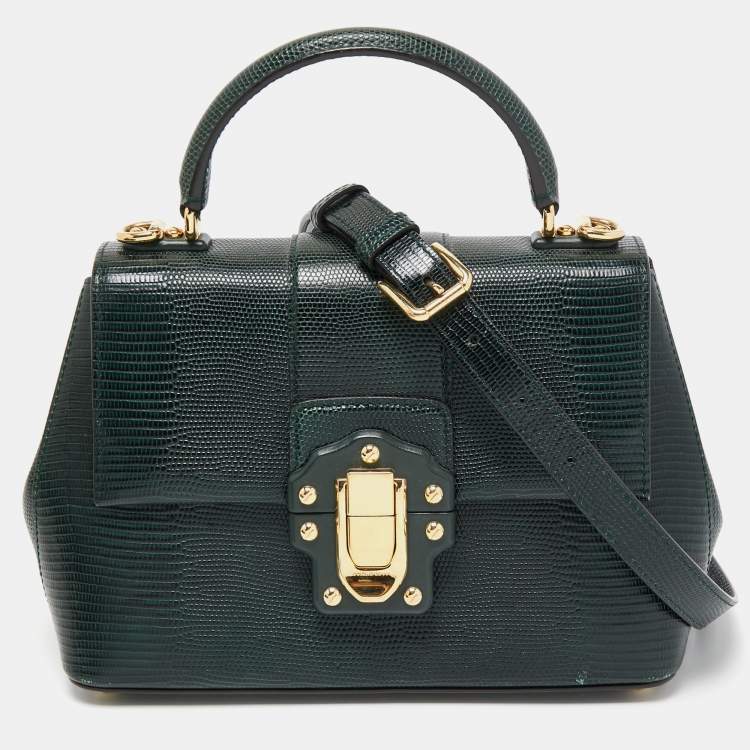 Pre Owned Dolce & Gabbana Dark Green Lizard Embossed Leather Medium Lucia Top Handle Bag