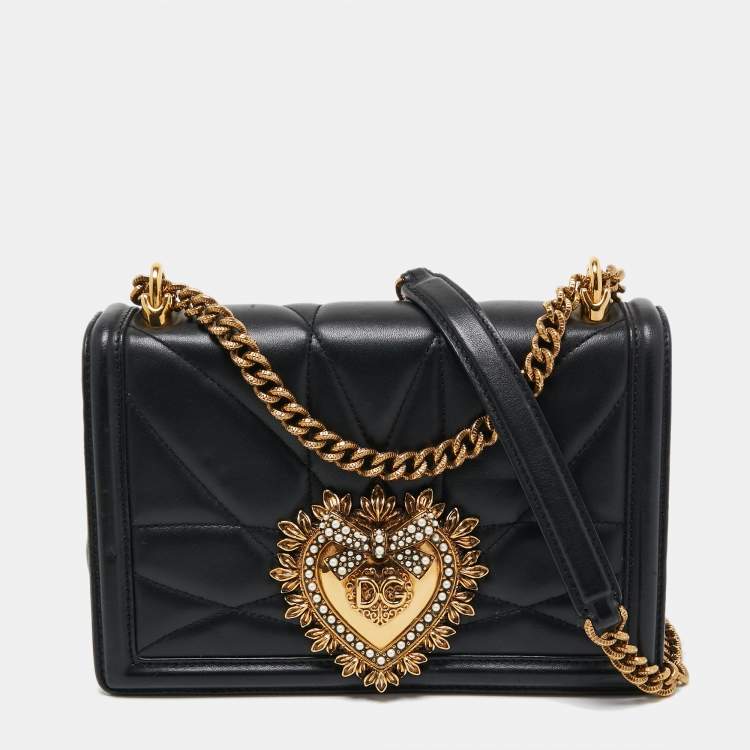 Pre Owned Dolce & Gabbana Black Leather Small Devotion Chain Shoulder Bag