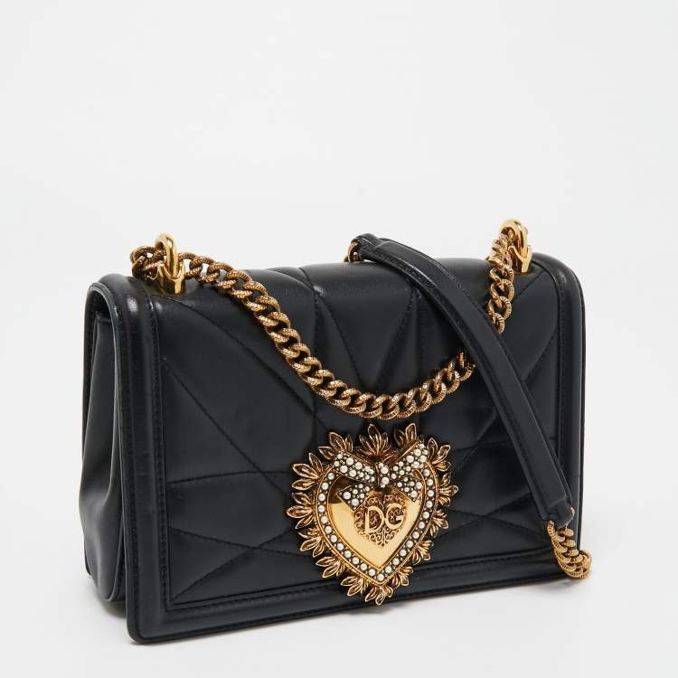 Pre Owned Dolce & Gabbana Black Leather Small Devotion Chain Shoulder Bag