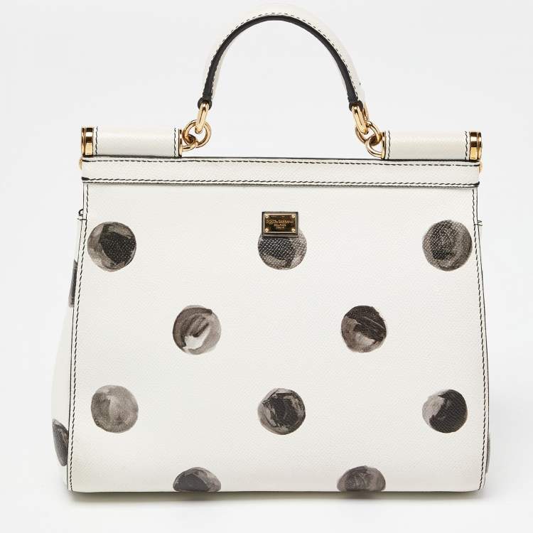 Pre Owned Dolce & Gabbana White/Black Polka Dot Leather Medium Miss Sicily Top Handle Bag