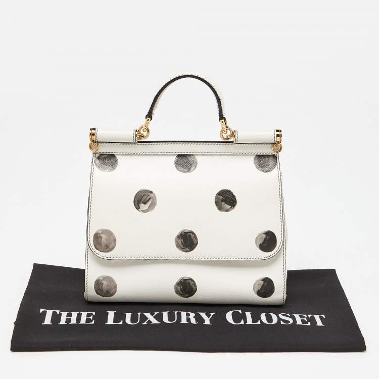 Pre Owned Dolce & Gabbana White/Black Polka Dot Leather Medium Miss Sicily Top Handle Bag